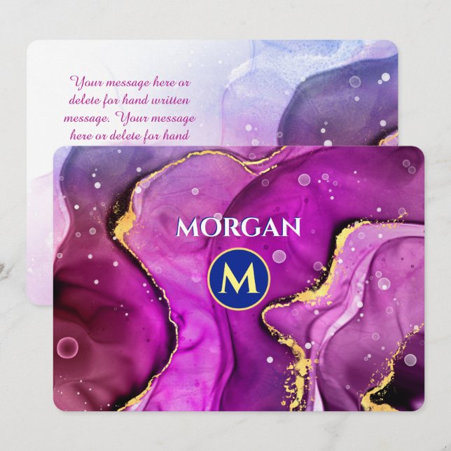 Red-Violet & Guld Liquid Bläck, Monogram & Namn Anteckningskort (Fram/baksida)