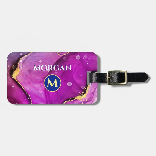 Red-Violet & Guld Liquid Bläck, Monogram & Namn Bagagebricka (Horisontell Framsida)
