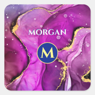 Red-Violet & Guld Liquid Bläck, Monogram & Namn Fyrkantigt Klistermärke