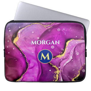 Red-Violet & Guld Liquid Bläck, Monogram & Namn Laptop Fodral