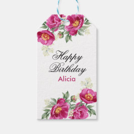 Red Violet Peony Blommigt Greenery Birthday Presentetikett