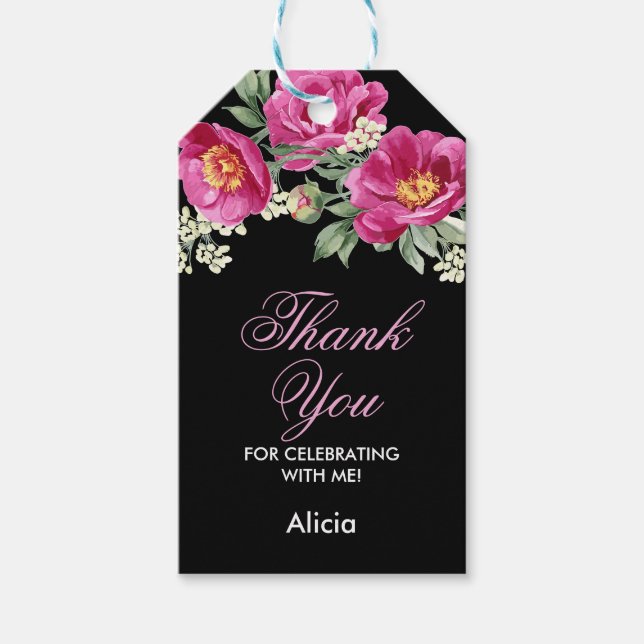 Red Violet Peony Blommigt Greenery Black Tack Presentetikett (Framsidan)