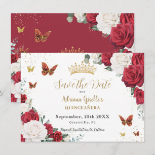 Red Vit ros Blommigt Guld Quinceañera Sweet 16 Spara Datumet