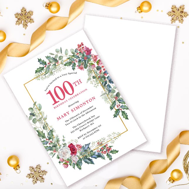 Red Vit ros Blommigt Holly 100 Birthday Inbjudningar (Need a matching Welcome sign? Party supplies. Message me!)