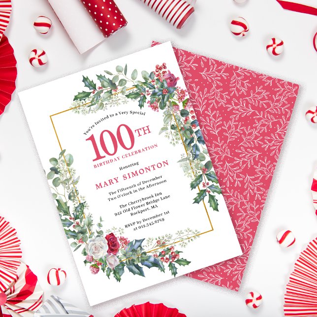 Red Vit ros Blommigt Holly 100 Birthday Inbjudningar (Need a matching welcome sign. Party supplies. Message me.)