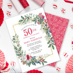 Red Vit ros Blommigt Holly 50:e Födelsedagsfesten Inbjudningar<br><div class="desc">Ett ömtåligt och festligt helgdag ram innehåller rött och vitt ro som är inkapslat i holly - och eukalyptus löv. Namn och födelsedagsfirandet skrivs i ett söt rött. Perfekt för en vinterfödelsedagsfest helgdag. Enkel att anpassa.</div>