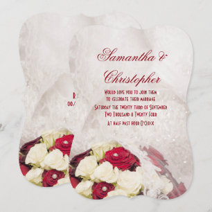 Red vit ros bouquet och dress bröllop inbjudningar
