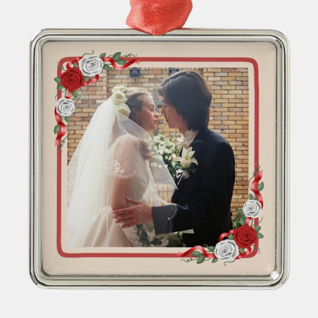 Red & Vit ros Bröllop Photo Ornament (Framsidan)