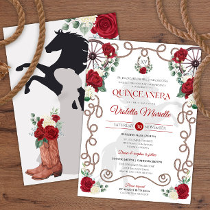 Red Vit ros Elegant Western Charra Quinceanera Inbjudningar