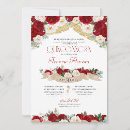 Red Vit ros Peonies Elegant Quinceanera Invita Inbjudningar