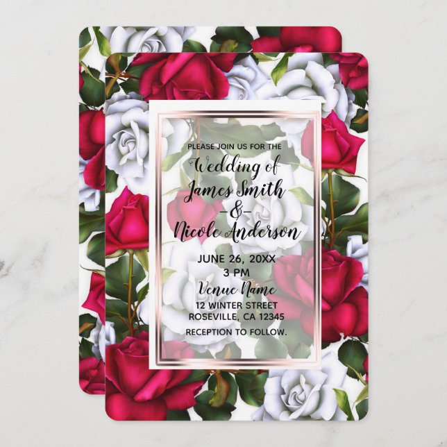 Red & Vit ros Shabby chic Glam Bröllop Inbjudningar (Fram/baksida)