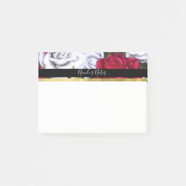 Red & Vit ros Shabby chic Modern Personlig Post-it Block (Framsida)