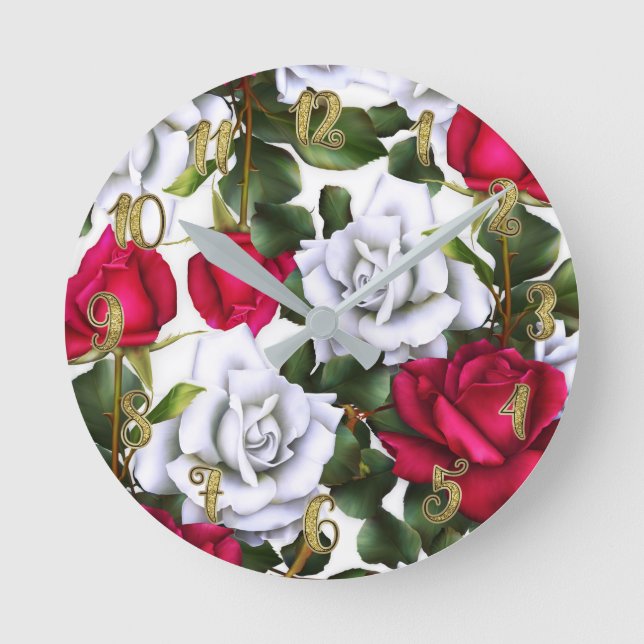 Red & Vit ros Shabby chic Rustic Modern Glam Rund Klocka (Framsida)