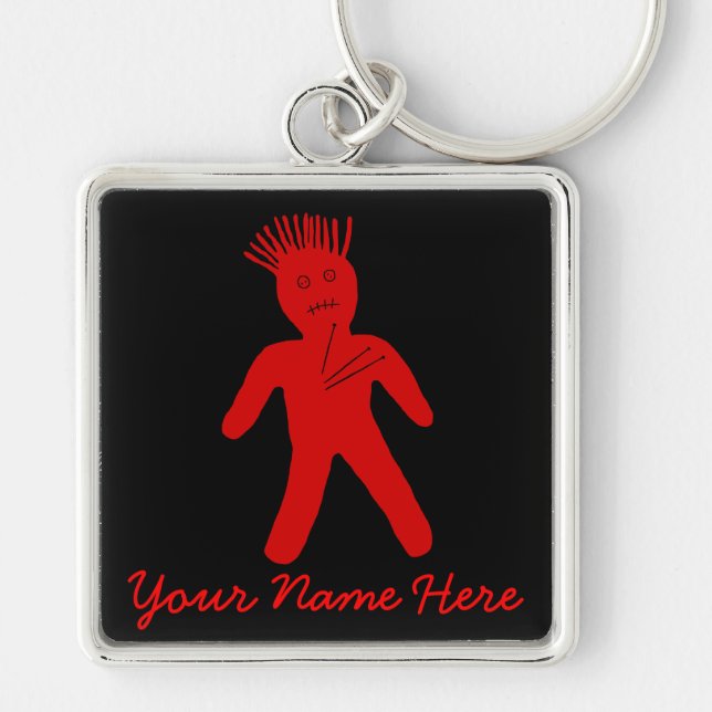 Red Voodoo Doll Fyrkantig Silverfärgad Nyckelring (Framsidan)