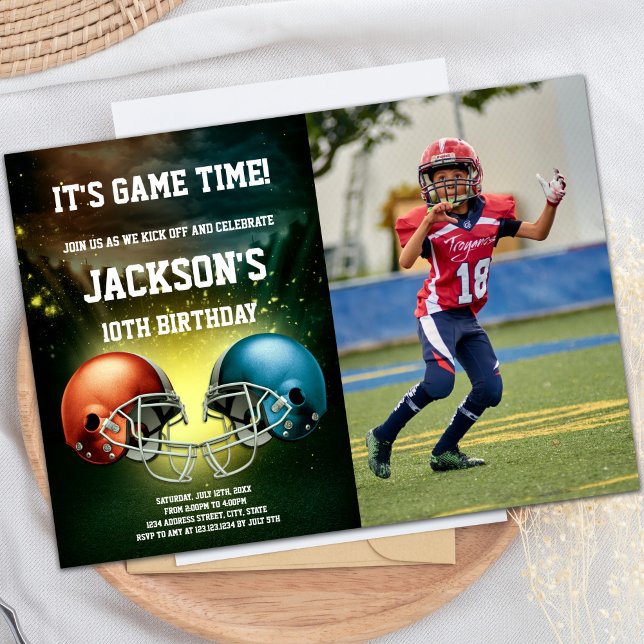 Red vs Blue Football Birthday-inbjudningar med fot Inbjudningar (Red vs Blue Football Birthday Invitations w photo)