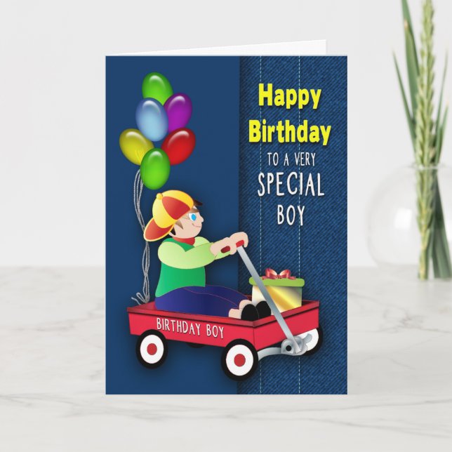 Red Wagon and Balloits on Denim Card Kort (Framsida)