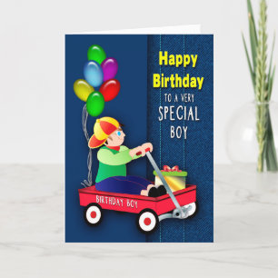 Red Wagon and Balloits on Denim Card Kort