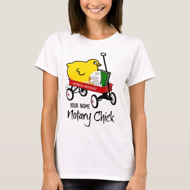 Red Wagon Customized Namn i Mobile Notary Chick T Shirt (Framsida)