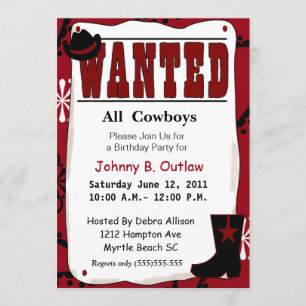 Red Wanted Poster Birthday-inbjudan Inbjudningar