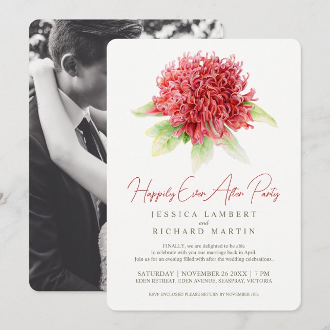 Red waratah blomart efter bröllopsfesten inbjudningar (Fram/baksida)