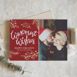 Red Warmest Önskemål Modern Calligraphy Photo Helgkort<br><div class="desc">Skicka ditt varmaste önskemål till vänner och familj med anpassadets julkort. Det här fotokortet har en modern kalligrafi med bladaccenter. Anpassa genom att lägga till information. Julkortet finns i anpassningsbar i andra färg och på andra kartonger. Matchande objekt är tillgängliga.</div>