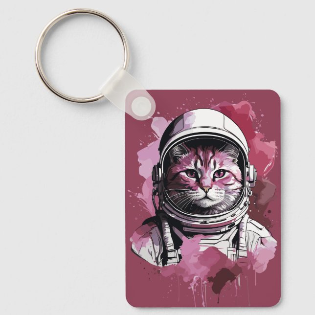 Red Watercolor Astronaut Cat Nyckelring (Framsida)