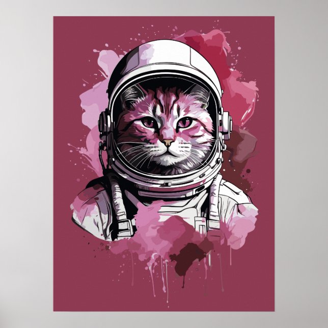 Red Watercolor Astronaut Cat Poster (Framsidan)