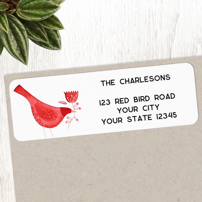 Red Watercolor Bird Returadress Etikett (Red watercolor bird personalized return address label, ideal for Christmas and the winter holidays)