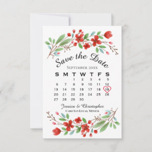 Red Watercolor Blommar Bröllop Calendar Spara Datumet