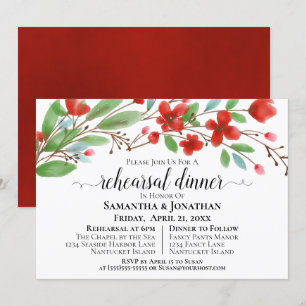 Red Watercolor Blommar Bröllop Rehearsal Dinner Inbjudningar