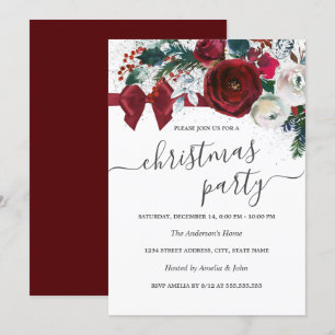 Red Watercolor Blommigt Bow jul Party Inbjudningar