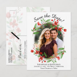 Red Watercolor, Blommigt Bröllop spara datum Foto Inbjudan Vykort