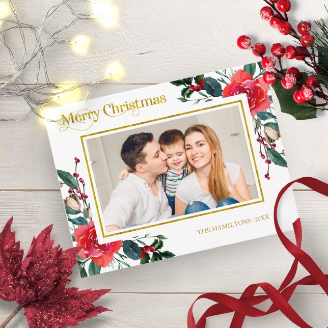 Red Watercolor Blommigt God jul Photo Vykort (Skapare uppladdad)