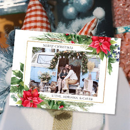 Red Watercolor Blommigt Photo jul-Helgdag Card Julkort