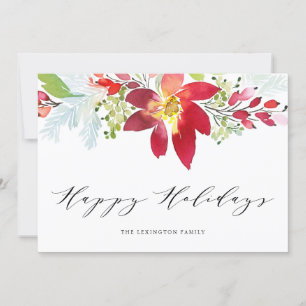 Red Watercolor-Blommigten Garland Lycklig Julkort