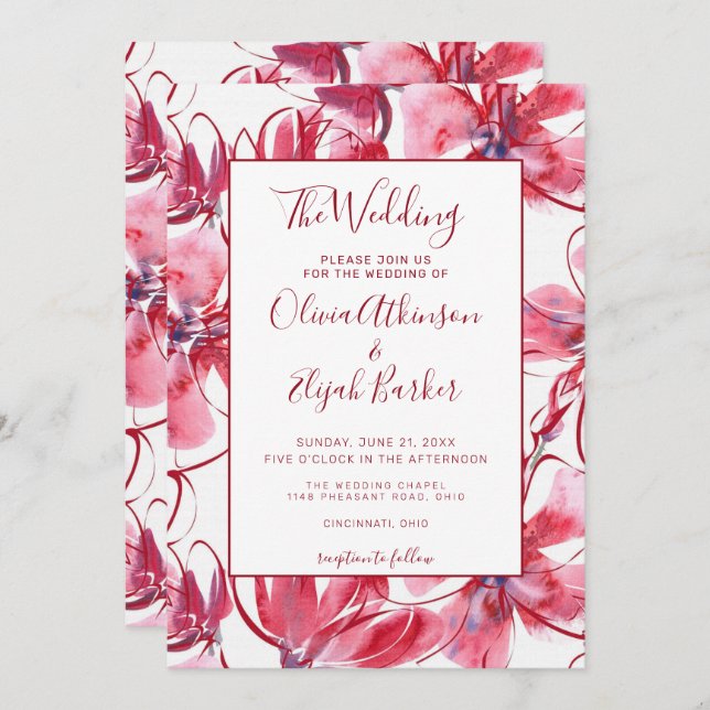 Red Watercolor Flowers Bröllop Inbjudningar (Fram/baksida)