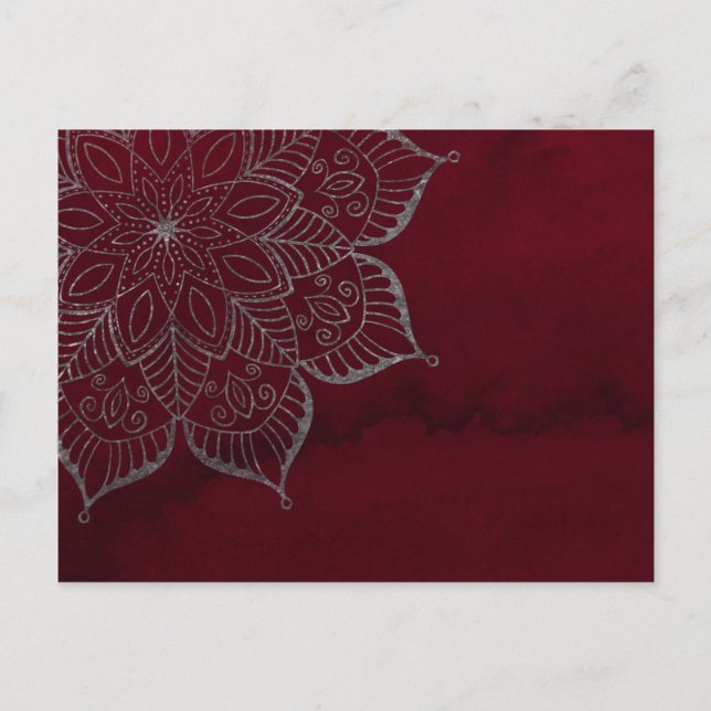 Red Watercolor & Grått/Silver Glitter Mandala Vykort (Framsida)