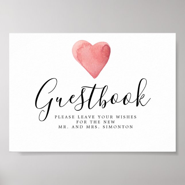 Red Watercolor Heart Bröllop Guestbook-tecken Poster (Framsidan)