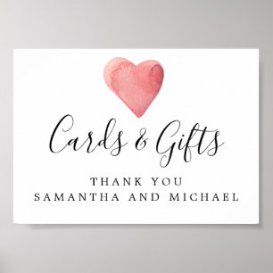 Red Watercolor Heart Bröllopskort and Gifts Sign Poster