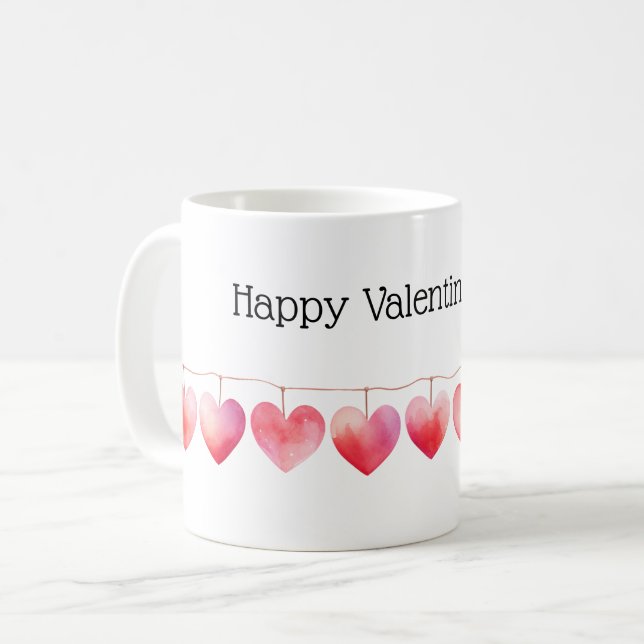 Red Watercolor Hearts Banner Glad Valentine Day Kaffemugg (Framsida vänster)