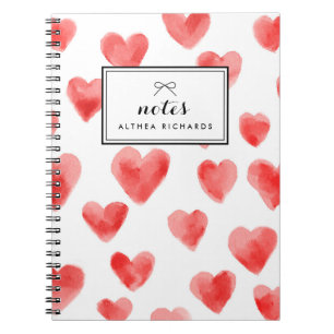 Red Watercolor Hearts Mönster Personlig Anteckningsbok