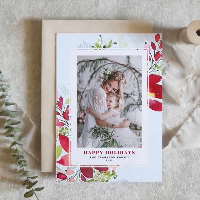 Red Watercolor jul Flowers Photo Helgkort (Customizable photo holiday card featuring watercolor red red poinsettia and greenery)
