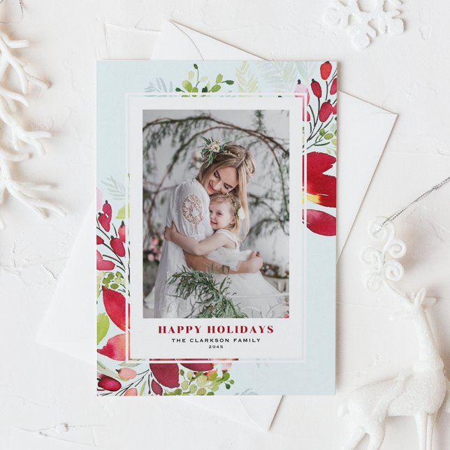 Red Watercolor jul Flowers Photo Julkort (Customizable photo holiday card featuring watercolor red red poinsettia and greenery)