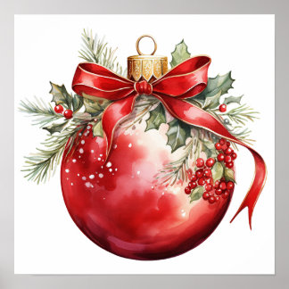 Red Watercolor jul Ornament Poster