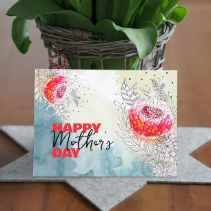 Red Watercolor och Black Bläck Blommigt Mors dag Vykort