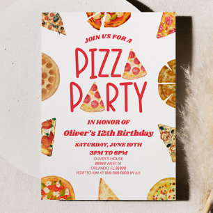 Red Watercolor Pizza Party Födelsedagsfest Inbjudningar