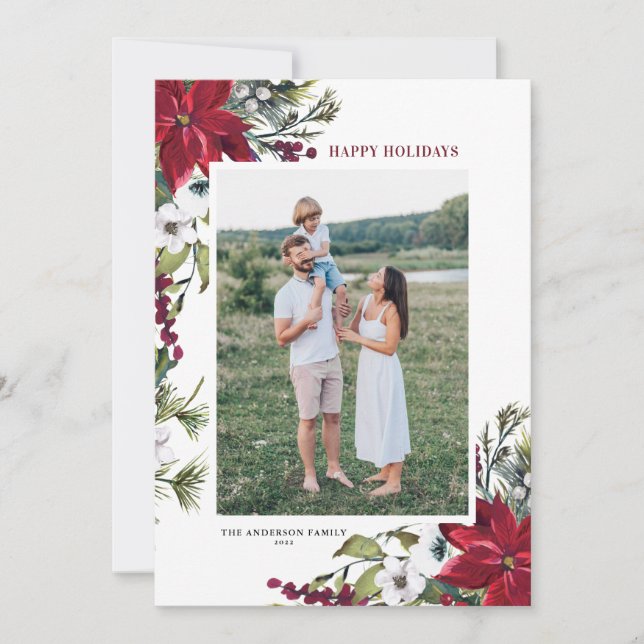 Red Watercolor Poinsettias Botanical Photo Julkort (Framsida)