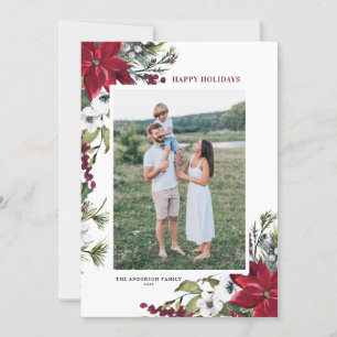 Red Watercolor Poinsettias Botanical Photo Julkort