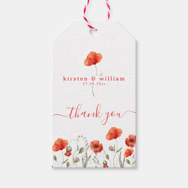 Red Watercolor Poppies, Bröllop Tack Presentetikett (Framsidan)