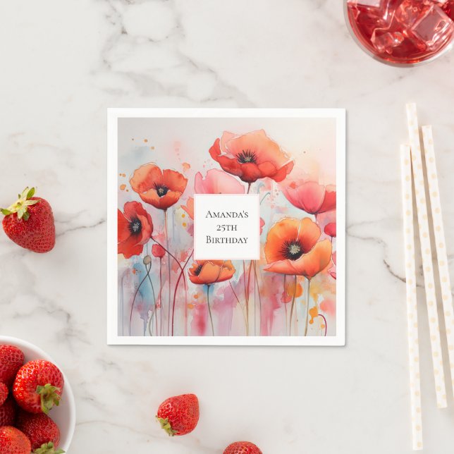 Red Watercolor Poppies in a Fält Birthday Pappersservett (Insitu)